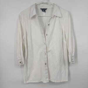 Koret Button Up White Embroidered Women Medium 100 Cotton Collared Shirt